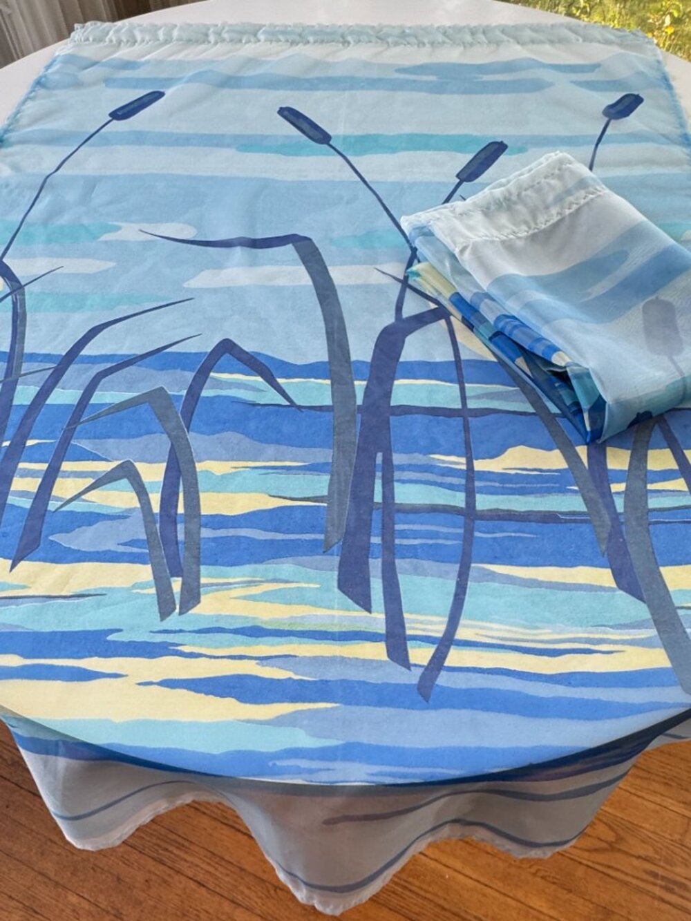 Pair of vintage 70s curtains, blue sunset cattail print, groovy sheer panels